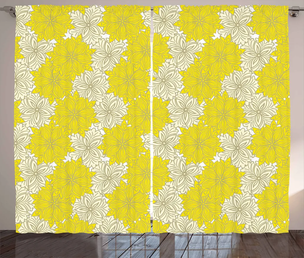 Rideau Décoratif Grande Largeur pour Salon et Chambre Floral Jaune