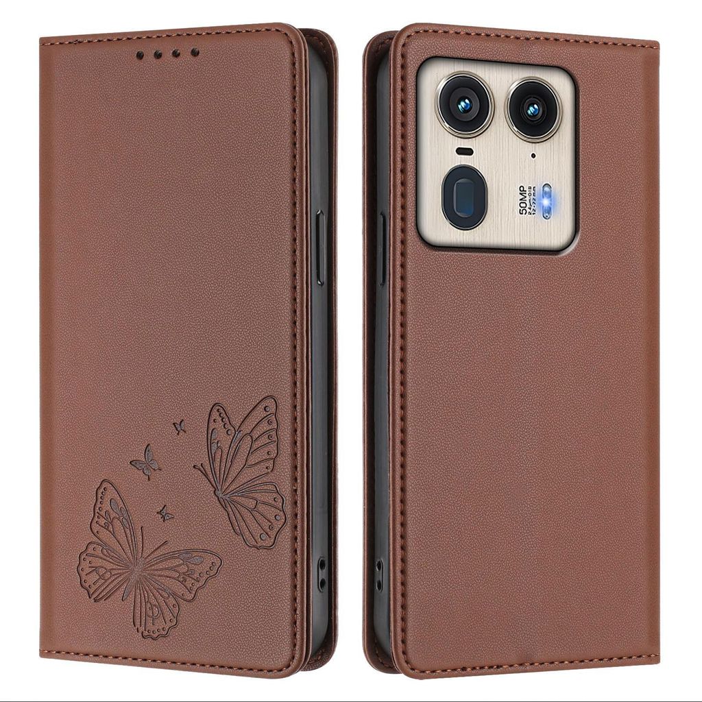 Lederhülle für Motorola Edge 50 Ultra, Schmetterling Prägung Leder Brieftasche Schutzhülle mit Ständer Braun