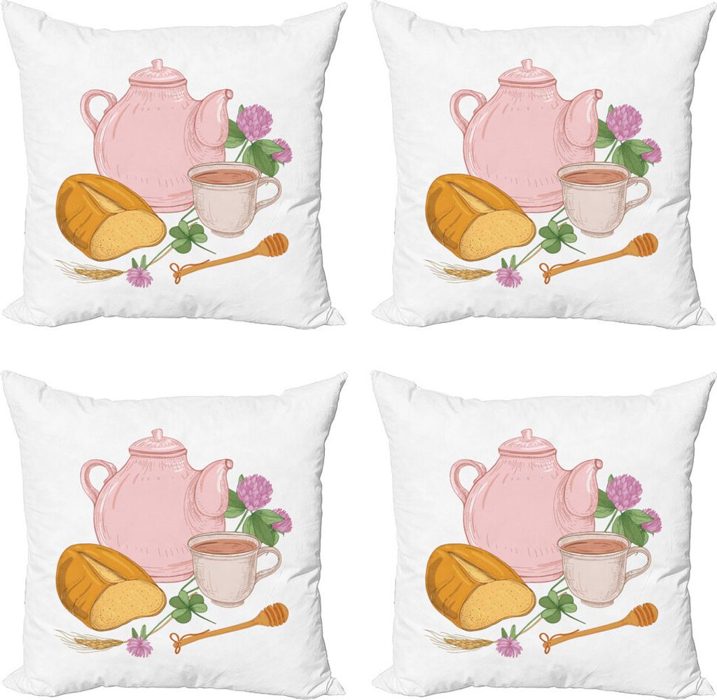ABAKUHAUS Tee-Party Kissenbezug Set (4 Stück), Honig Löffel Tasse Kaffee, Moderner Doppelseitiger Digitaldruck, 40 cm x 40 cm, Rose und Multicolor