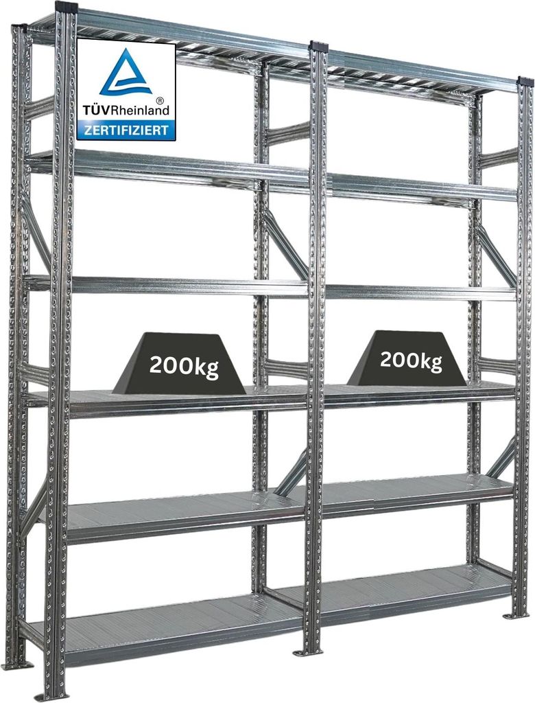Fachbodenregal PROXIMO mit Stecksystem | Komplettregal | HxBxT 210x180x32cm | 6 Ebenen | Beidseitig nutzbar | Verzinkt