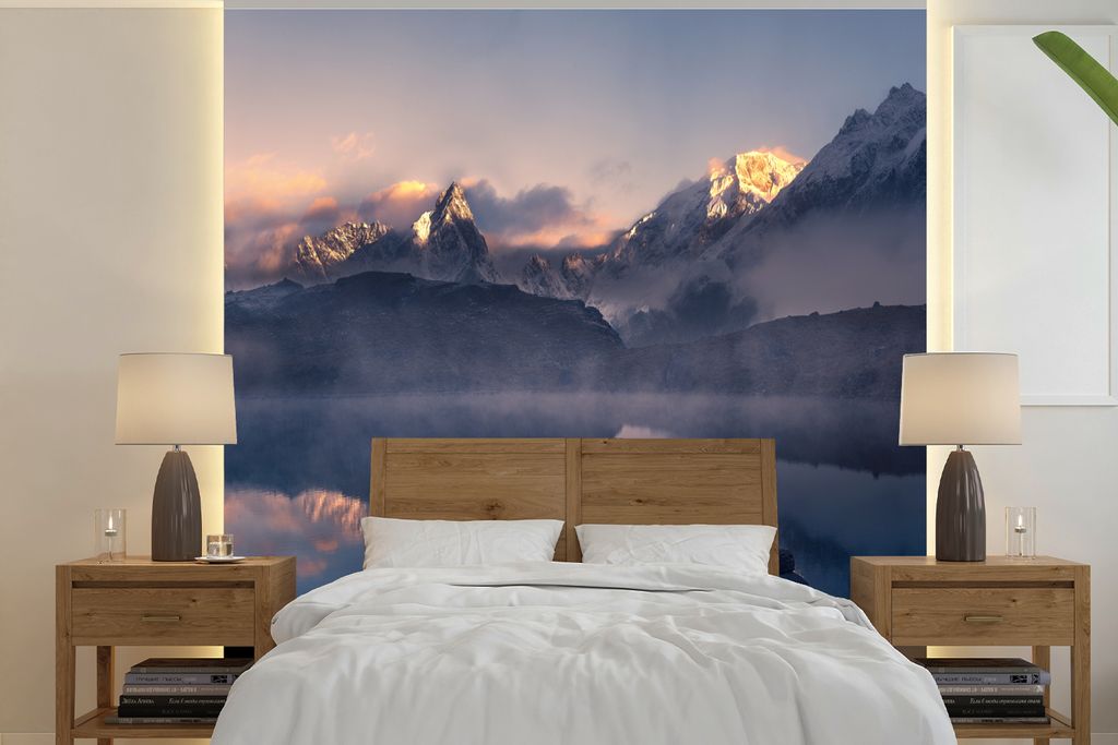 MuchoWow Fototapete für Wohnzimmer oder Schlafzimmer Wandtapete Vinyl Motivtapete Landschaft - Wasser - Berg - Schnee - Sonnenuntergang - 350x35...
