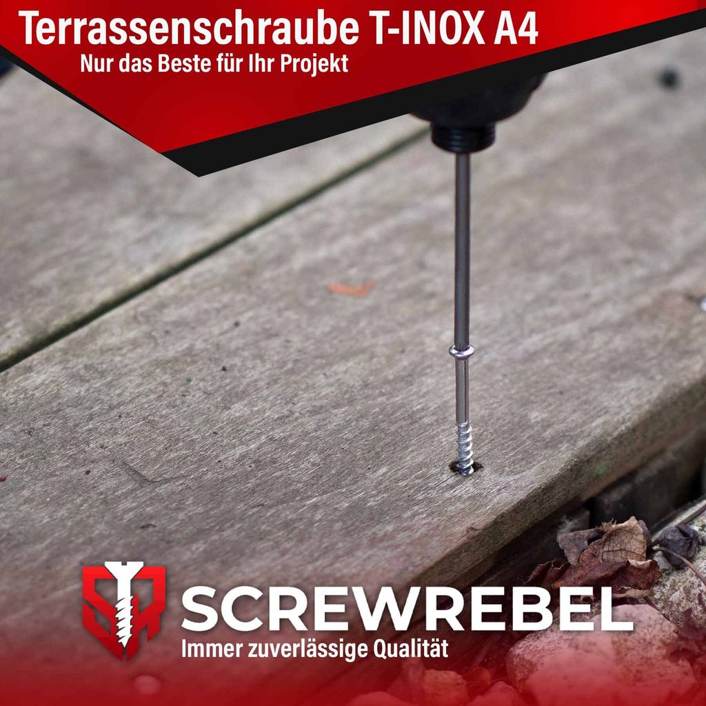 Terrassenschraube T-INOX Edelstahl A4 mit TX Antrieb, Vierkantgewinde, Cutspitze, Abmessung:5.5 x 60 - 100 Stück + Bit