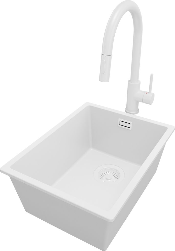 PRIMAGRAN Granitspüle Alles Weiß 36x47cm, Spülbecken 1 Becken + Küchenarmatur 40x20cm + Ablauf-Set, Küchenspüle ab 40er Unterschrank - London...
