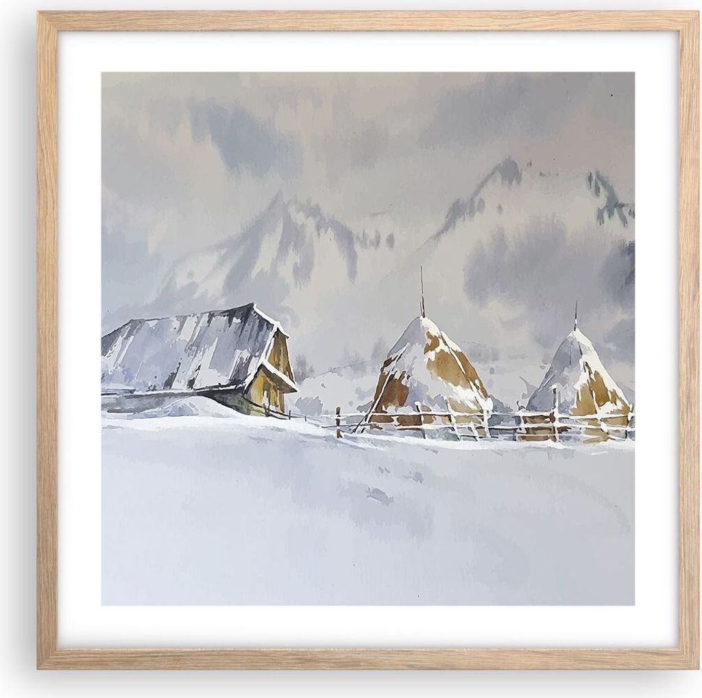 Gerahmtes Poster - Rahmen in heller Eiche - Haus Berge Schnee - 50x50 cm - Wand Bild - Wanddeko - Wandbilder - Kunstposter - Wandposter - Bilderrah...