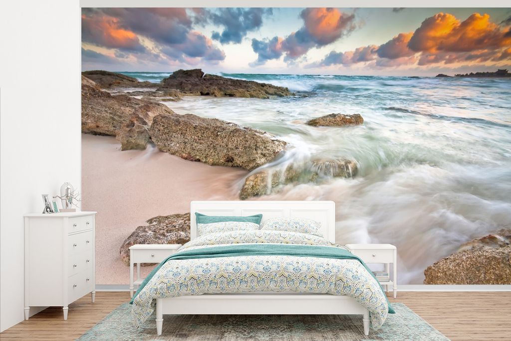 MuchoWow Fototapete für Wohnzimmer oder Schlafzimmer Wandtapete Vinyl Motivtapete Tropischer Strand von Tulum in Mexiko - 375x240 cm - Wand Tapete