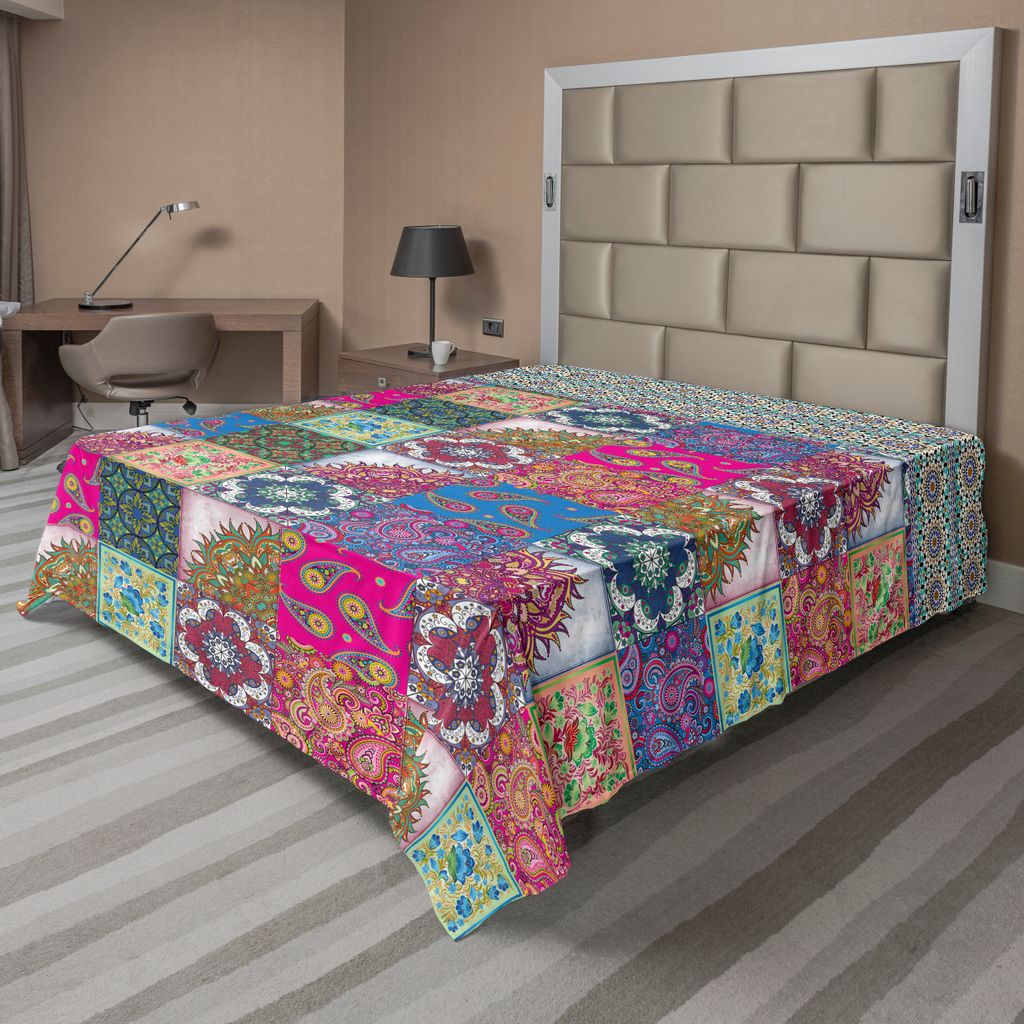 ABAKUHAUS Boho Bettlaken, Oriental Patchwork-Muster mit Vivid Motiven in Squares, weiches bequemes oberes Bettlaken für ein dekoratives Bett 1 St...