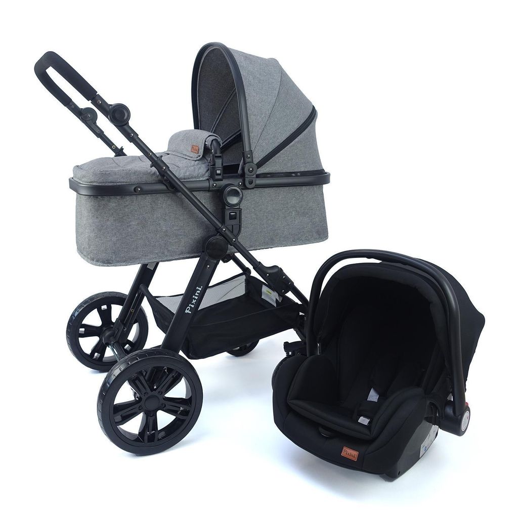 Pixini Kinderwagen Set mit Tragewanne Komplettset Babyschale schwarz 3in1 & 2in1 