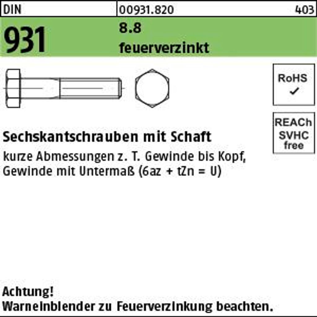 Reyher DIN 931 8.8 U M16x160 feuerverzinkt tZn S