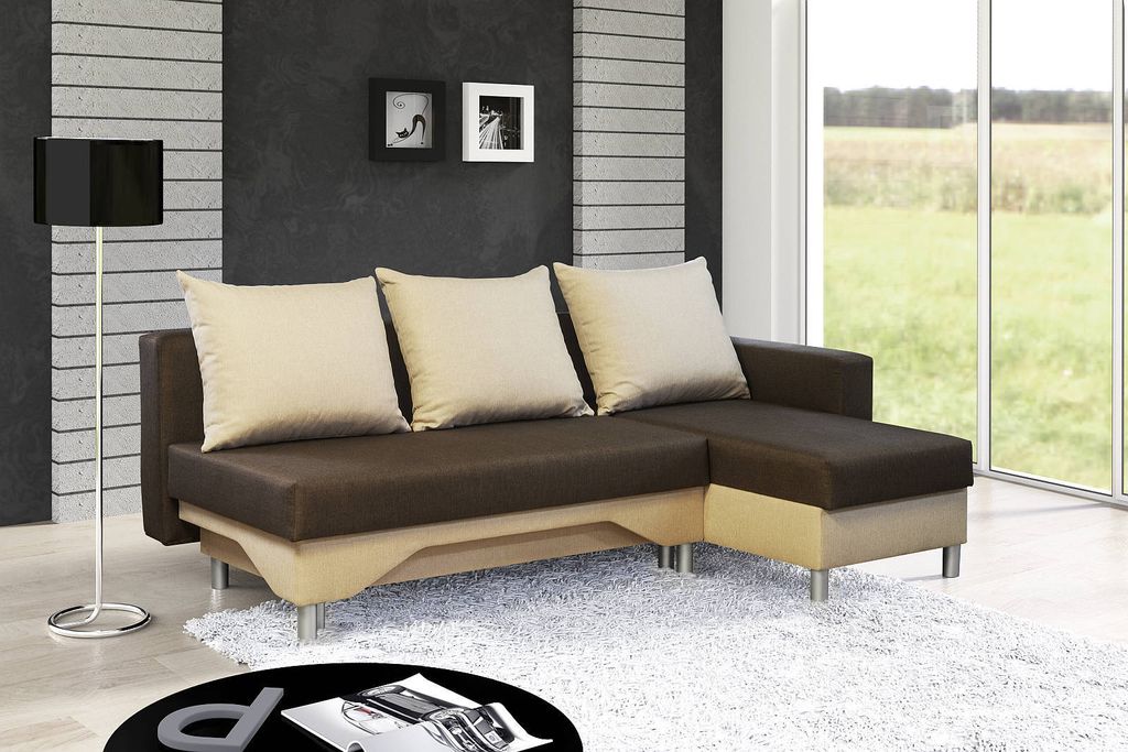 Kaiser Möbel Ecksofa mit schlaffunktion und bettkasten, Ecksofa L-Form, Eckcouch L-Form, Schlafsofa PRAKTIK Ottomane Rechts Hellbraun