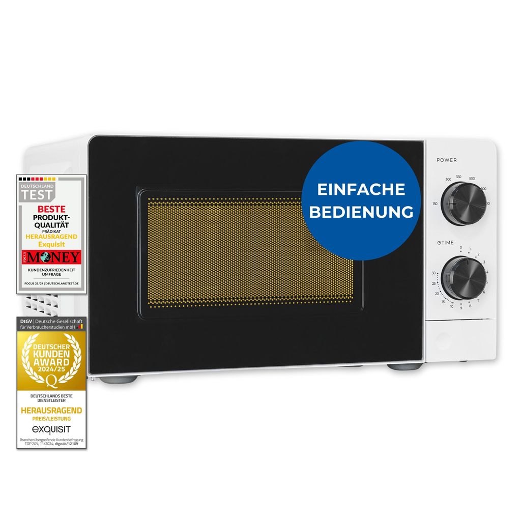 A microwave oven on a white background, with several award badges and promotional text overlays.