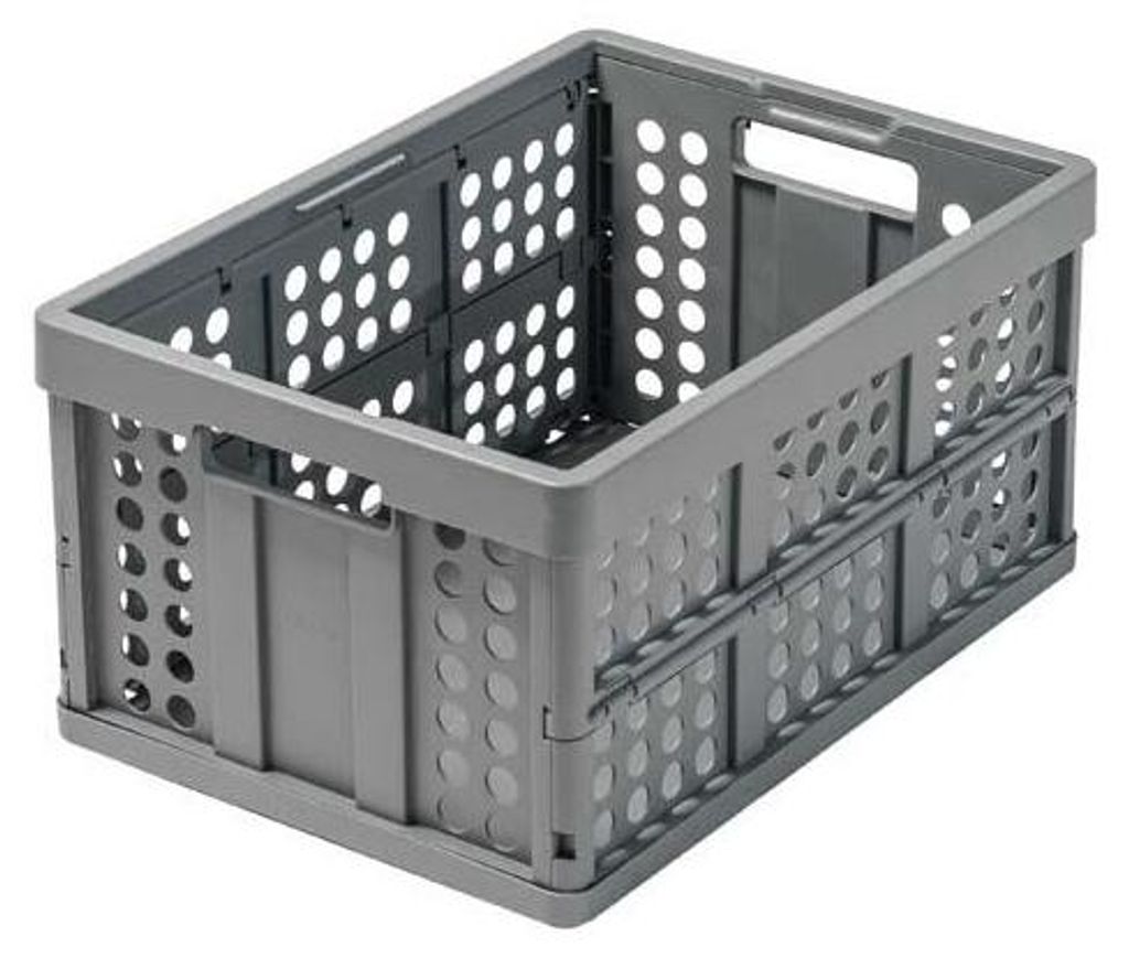 A gray folding crate is shown from a diagonal angle.
