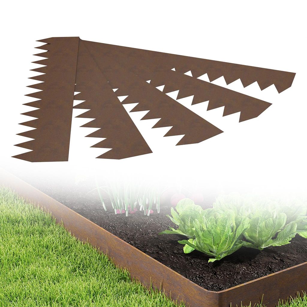 A product shot of metal garden edging with a superimposed image of the edging installed around a garden bed.