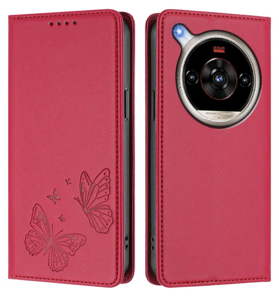 Lederhülle für ZTE nubia Focus 2 Ultra, Schmetterling Prägung Leder Brieftasche Schutzhülle mit Ständer Rot