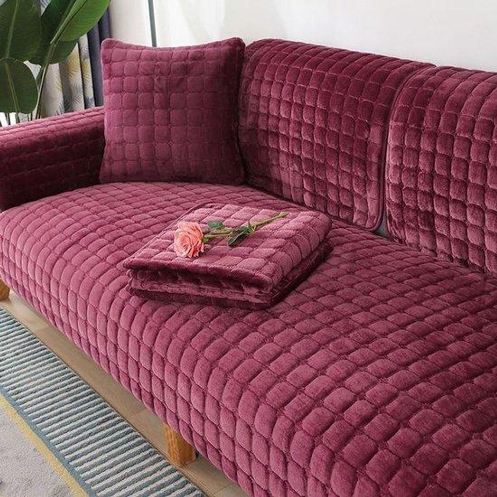 Fluwele L-vorm bankhoes, hoekbank, hond, antislip, superzachte bankbeschermer, wijnrood, 70 x 180 cm
