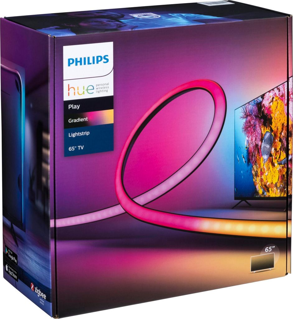 The image shows the retail packaging of a Philips Hue Play Gradient Lightstrip for a 65-inch TV.