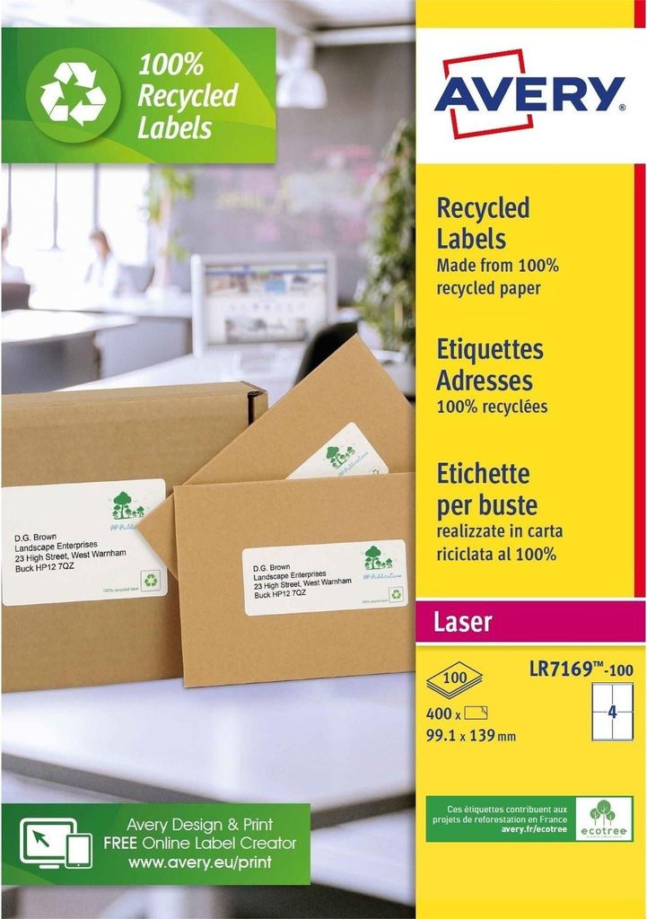 Avery - Etikett LR7169-100 99,1x139 mm recyceltes Weiß 400 Etiketten | 5 Stück