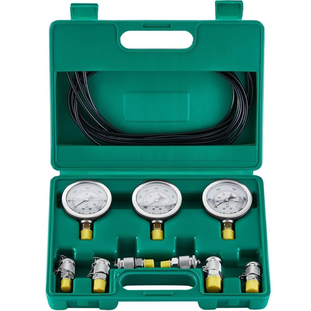 Hydraulikdruck-Testset - 250/400/600 bar - 3 Messgeräte - 6 Testkupplungen - 3 Testschläuche - Bagger-Hydraulik-Testmanometer-Set mit Tragbarer T...