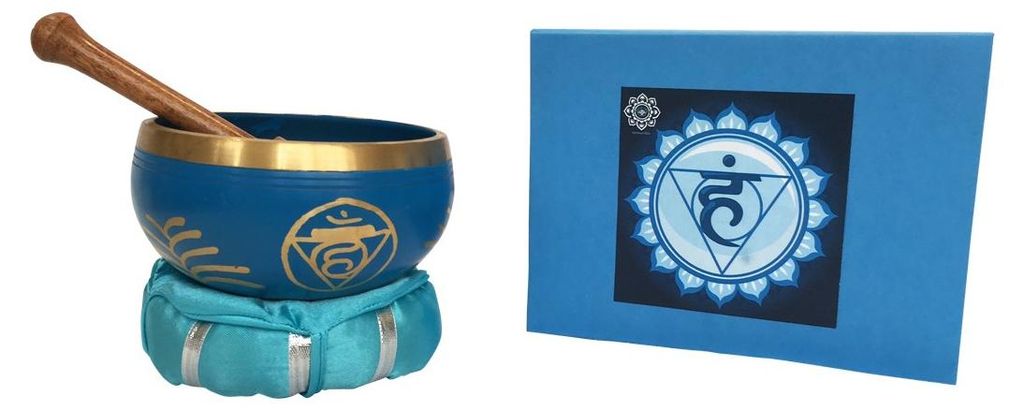 Klangschalen Set „Vishuddi Chakra“ türkis mit Klöppel & Kissen 12cm ca. 500g