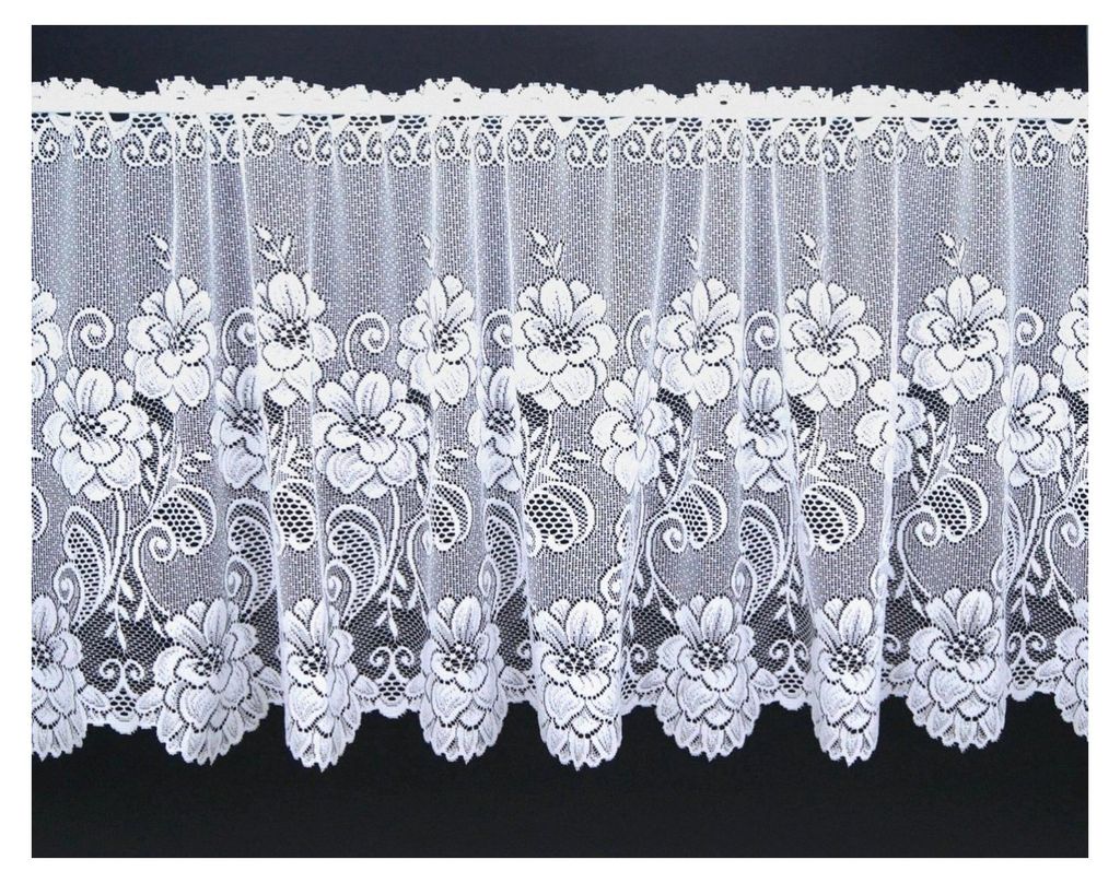 Scheibengardine aus hochwertigem Jacquard mit Blumen in reinem Weiß, Panneaux mit gebogter Kante - auch als Store erhältlich - Bistrogardine mit ...