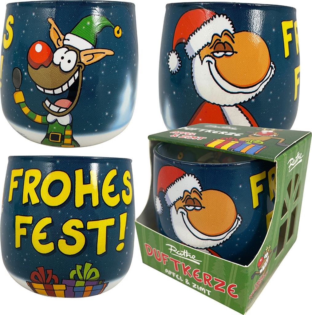 Ralph Ruthe Kerze im Glas - XMAS Frohes Fest Santa & Rudi Duftkerze Apfel & Zimt