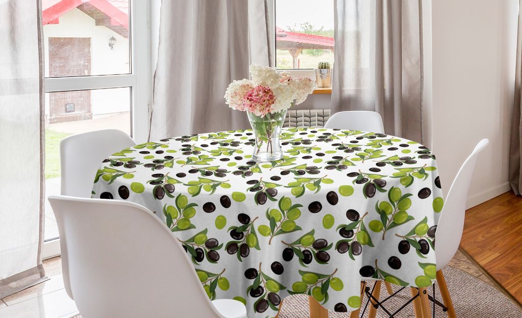 ABAKUHAUS Italien Runde Tischdecke, Schwarze grüne Oliven auf Zweig, Kreis Tischdecke Abdeckung für Esszimmer Küche Dekoration, 150 cm, Weiß un...