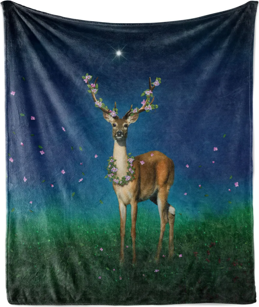 Plaid Boho ABAKUHAUS 175x230 cm Cervo, Fiori e Natura Blu Notte