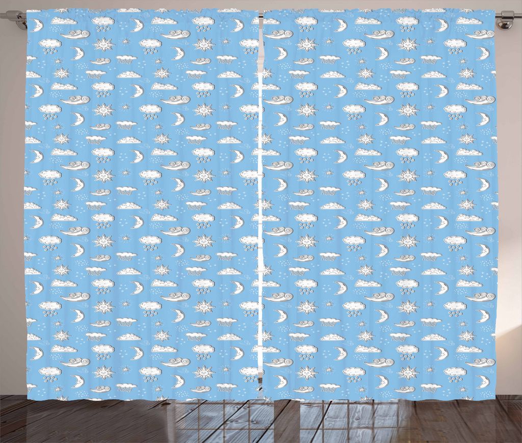 ABAKUHAUS Regen Rustikaler Gardine, Cartoon Wetter, Schlafzimmer Kräuselband Vorhang mit Schlaufen und Haken, 280 x 175 cm, Pale Azure Blau Weiß