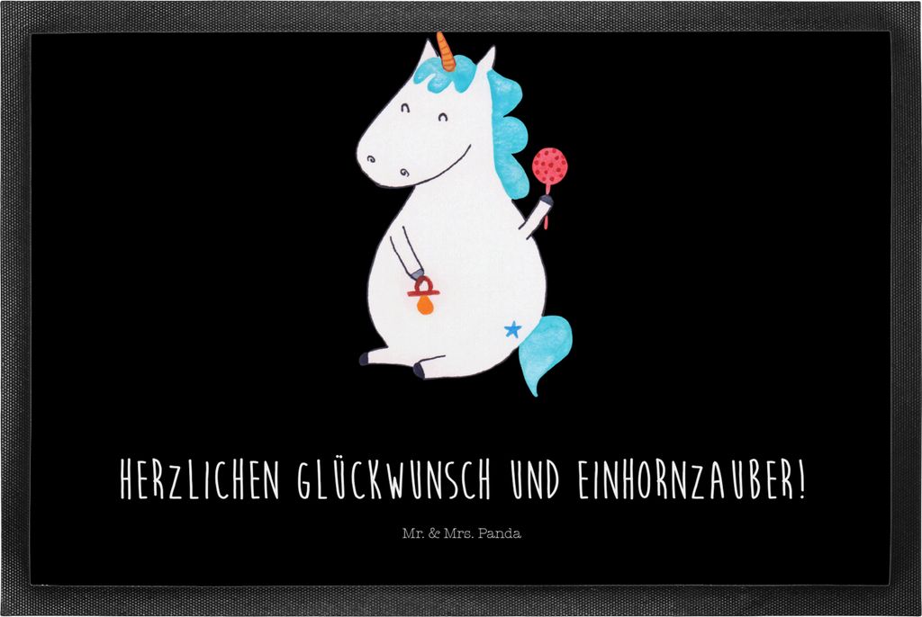 Mr. & Mrs. Panda Fußmatte Einhorn Baby 50 x 75 cm - Schwarz - Geschenk, Gummimatte, Türvorleger, Geburt, Mutter, Türmatte, Einhörner, Schmutzfa...
