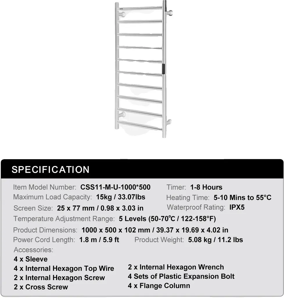 Chauffe-serviettes 10 barres en acier inox argenté avec minuterie