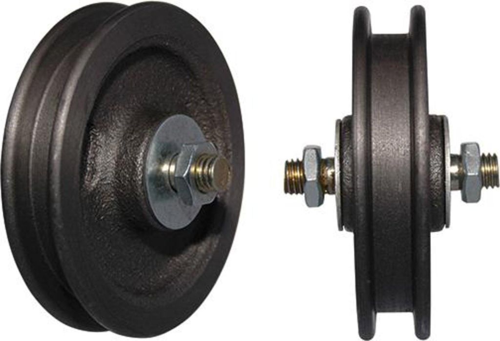 Two views of a black pulley wheel with a bolt and nut assembly.