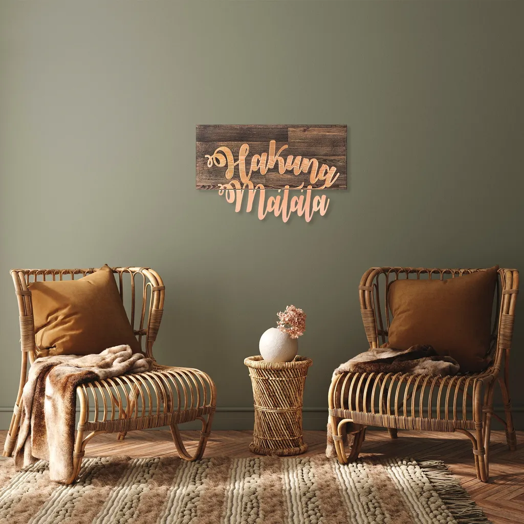 Décoration Murale Hakuna 58x38cm en Noyer Véritable et Métal Noir 3cm