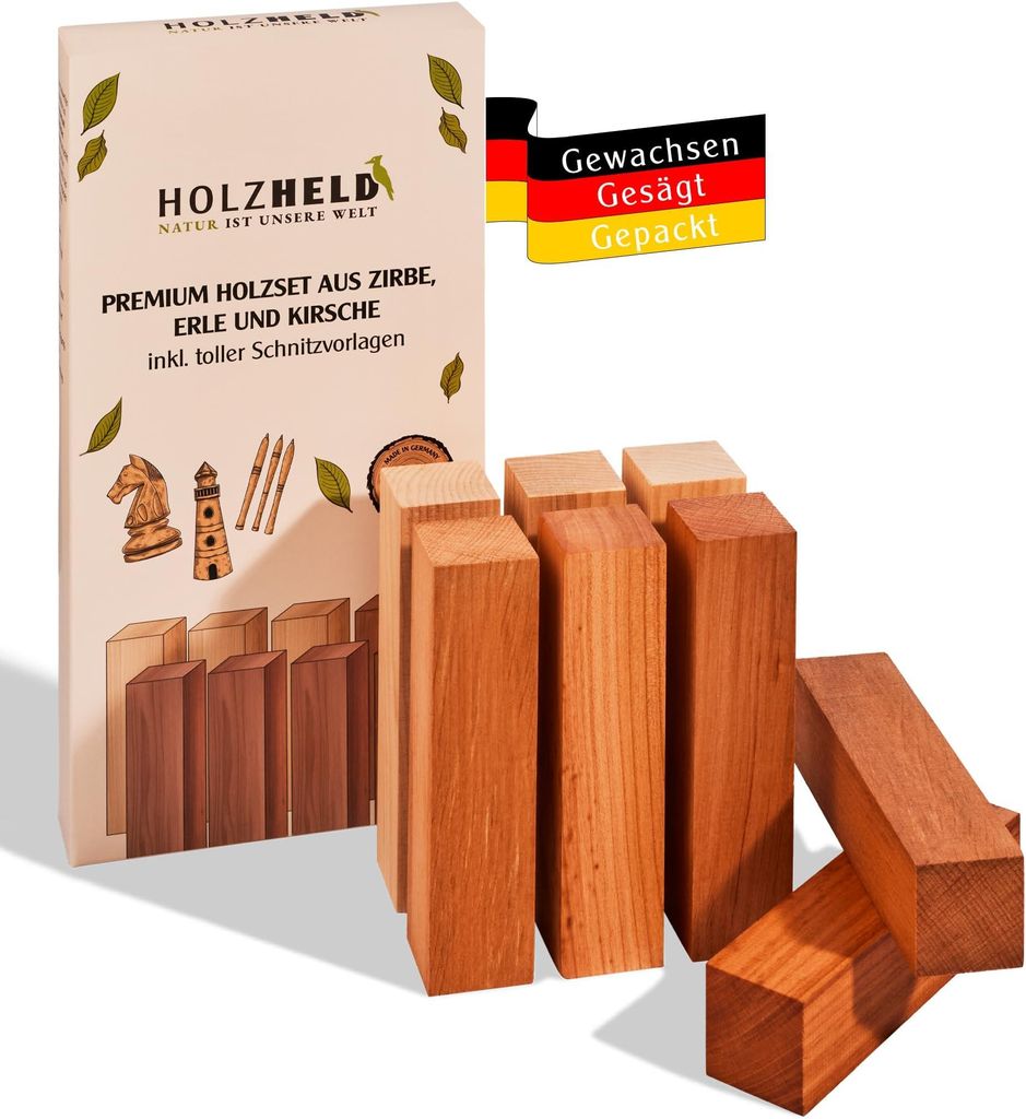 Schnitzholz Zirbe – 8-teiliges Set – inkl. Schnitzfiguren Rohling für Kinder – Schnitzrohlinge für Kinder und Anfänger, aus Zirbenholz