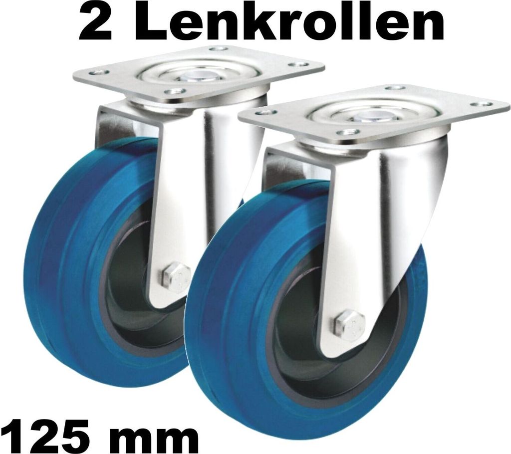 2 Lenkrollen 125mm drehbar lenkbar Transport Rollen blue wheel blaue Reifen 125