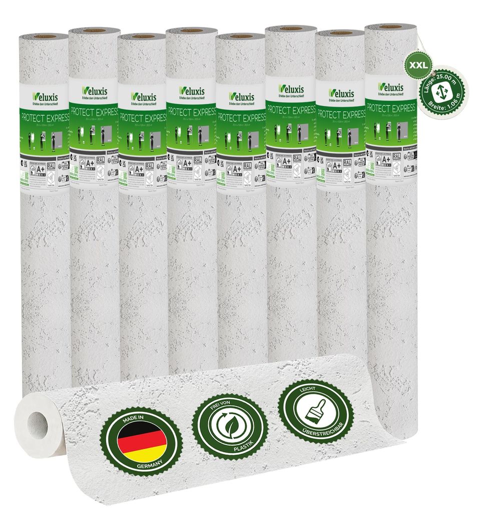 Vliestapete Vliestapete weiß – PROTECT Relief Putzstruktur 8er Set, 8 x 25,00 m x 1,06 m, kratz- & stoßfest, rissüberbrückend, leicht zu rein...