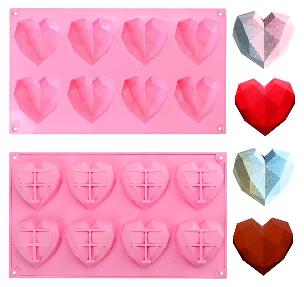 Herzförmige Backform, 3D Diamant Herz Silikonform mit 8 Kavitäten für Schokolade, Kuchen, Käsekuchen, Mousse und Eiswürfel (Rosa)
