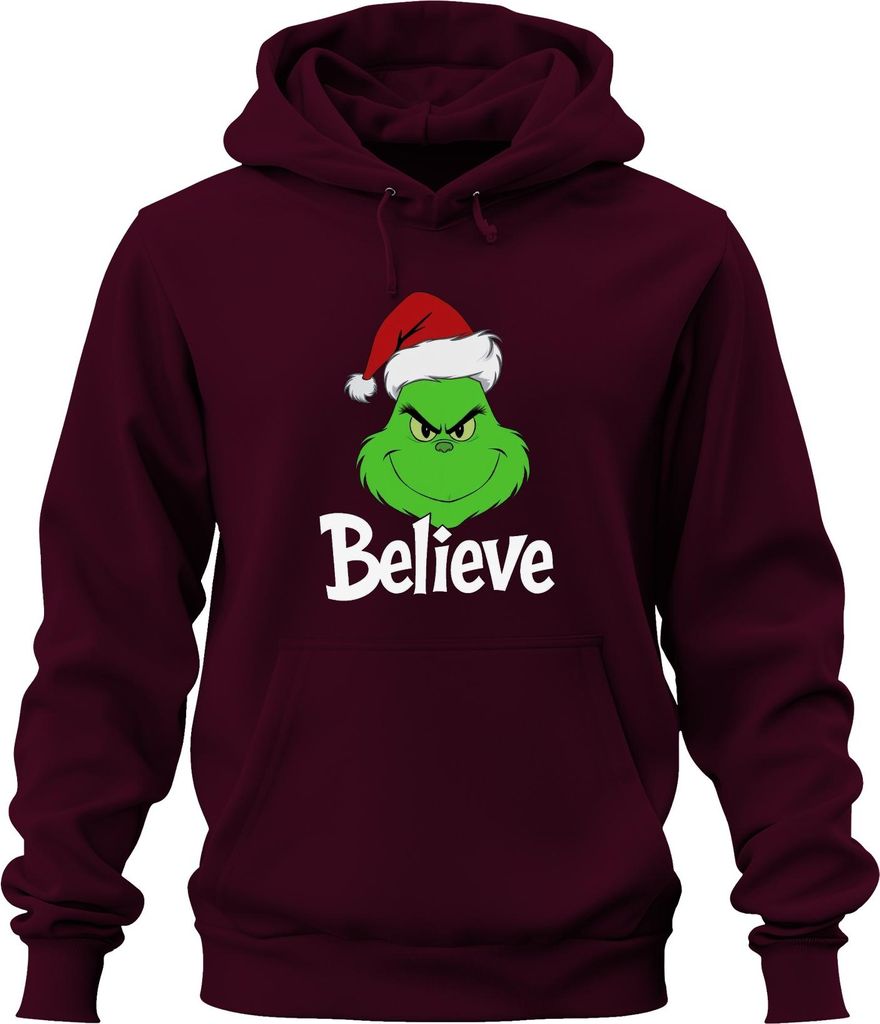 Believe Grinch Weihnachten Lustig Weihnachtsgeschenk Familie Uni Hoodie Kapuzenpullover, Burgundy, L