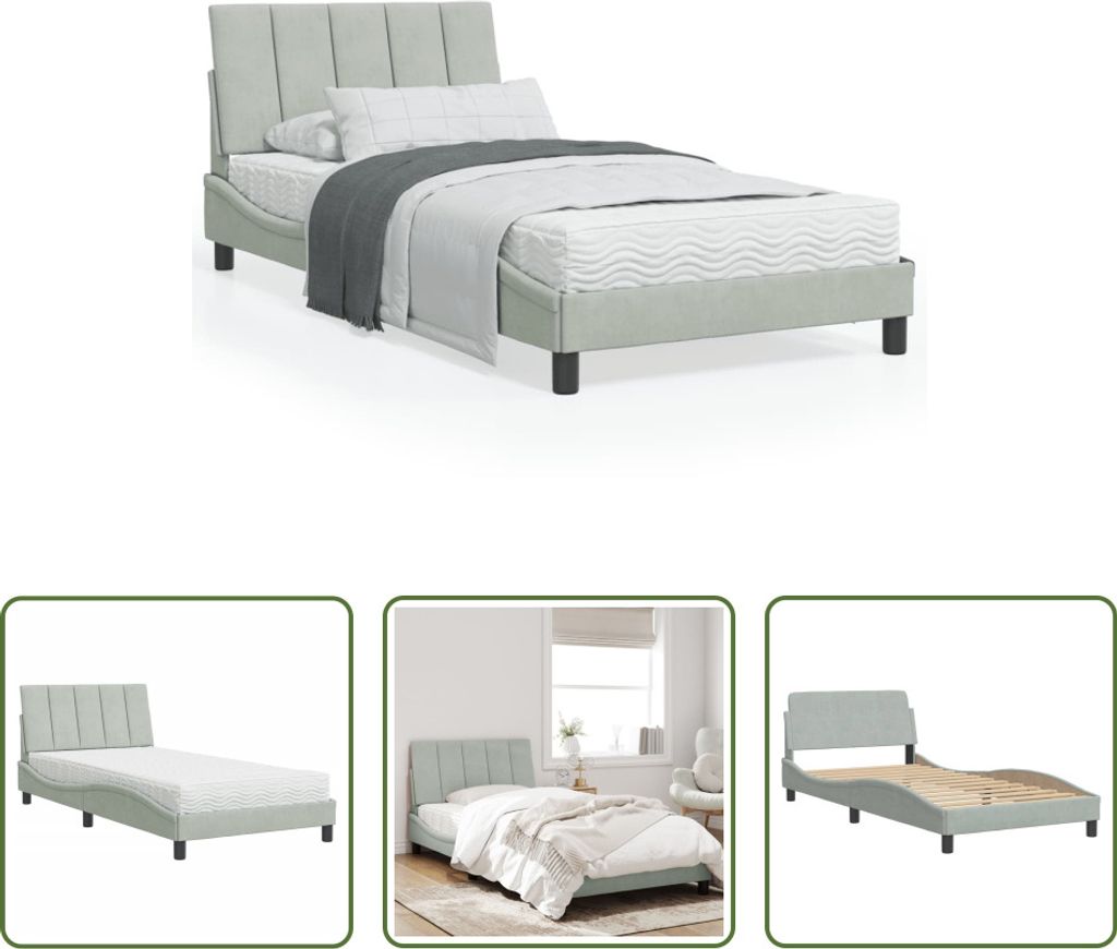 The Living Store Bett mit Matratze Hellgrau 100x200 cm Samt