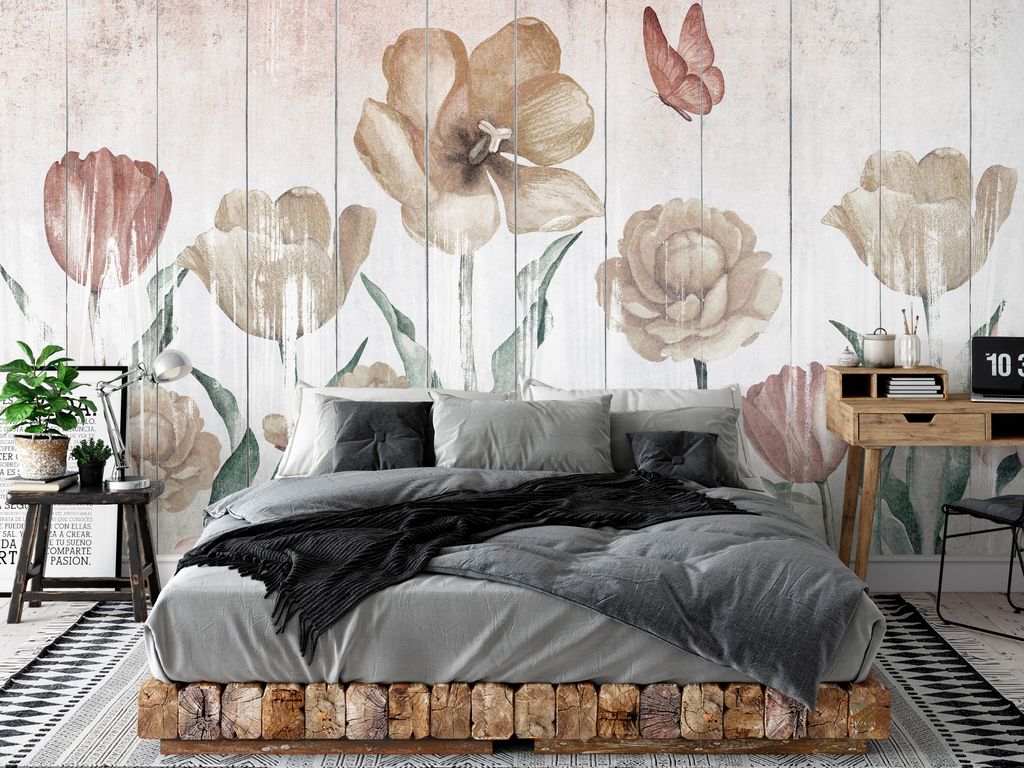 Vlies Fototapete Blumen 400x280 cm Tapeten Wandtapete XXL Wiese Holzoptik Vintage Bretter b-C-10274-a-c