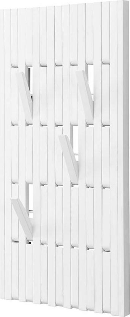 A white wall-mounted coat rack with multiple hooks.