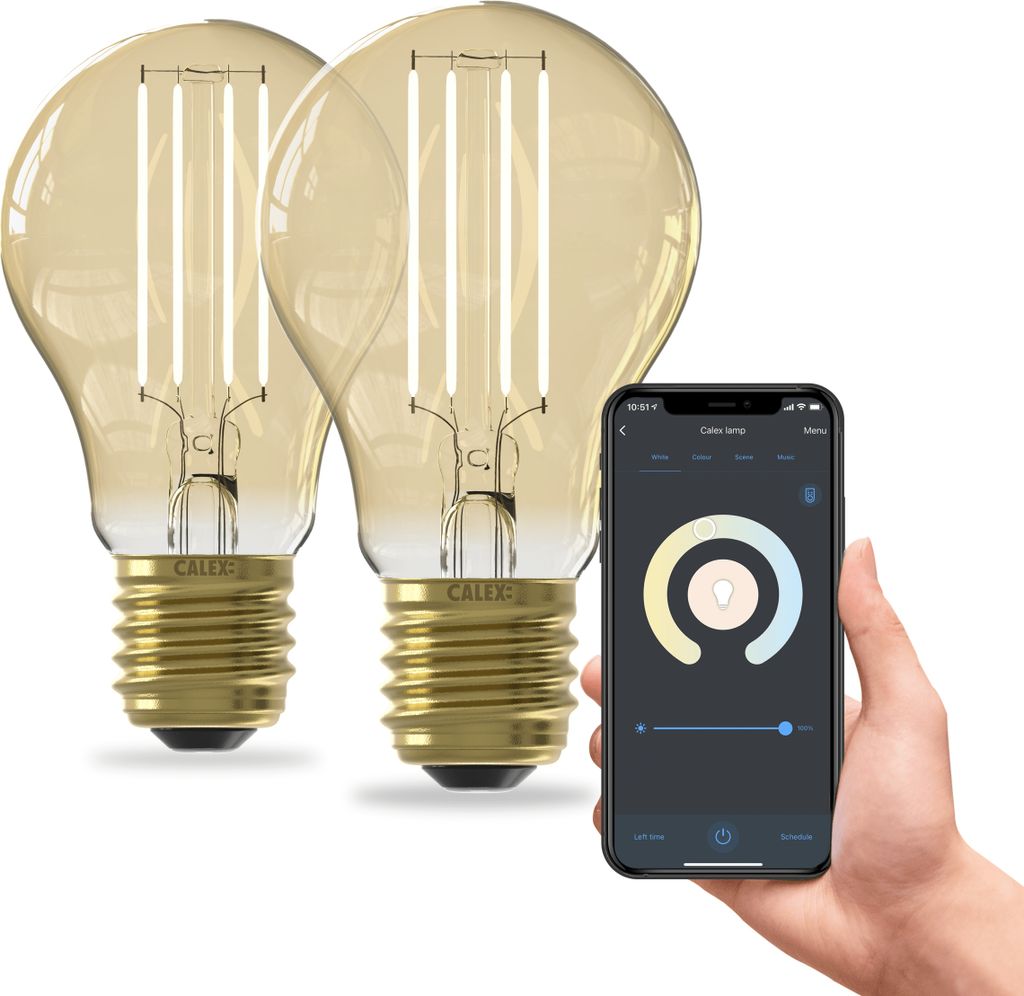 Calex Smart LED Lampe, E27, A60, Gold Filament, warmweißes Licht, dimmbar, WLAN App- & Sprachsteuerung, 2er Pack