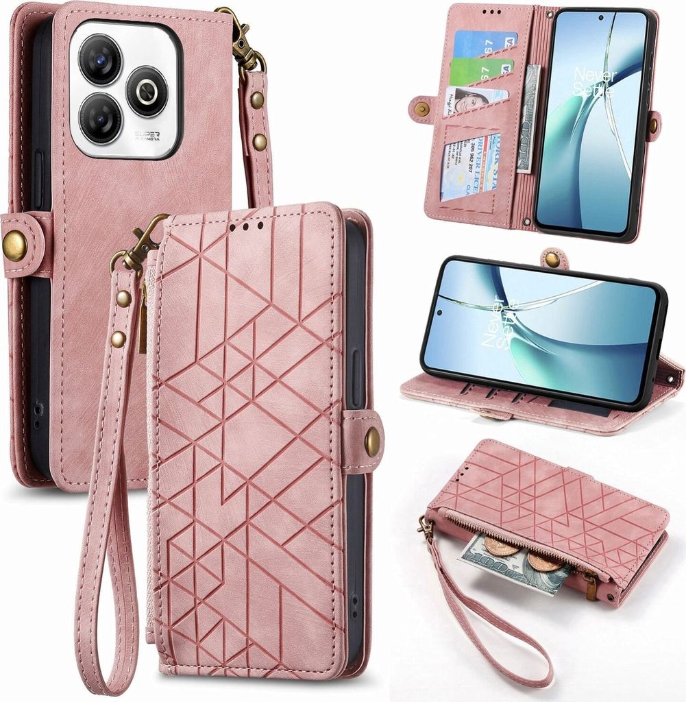 Für ZTE Blade A75 4G Geometric Design Kunstleder Zipper Book Wallet Tasche mit Schlaufe Rosa