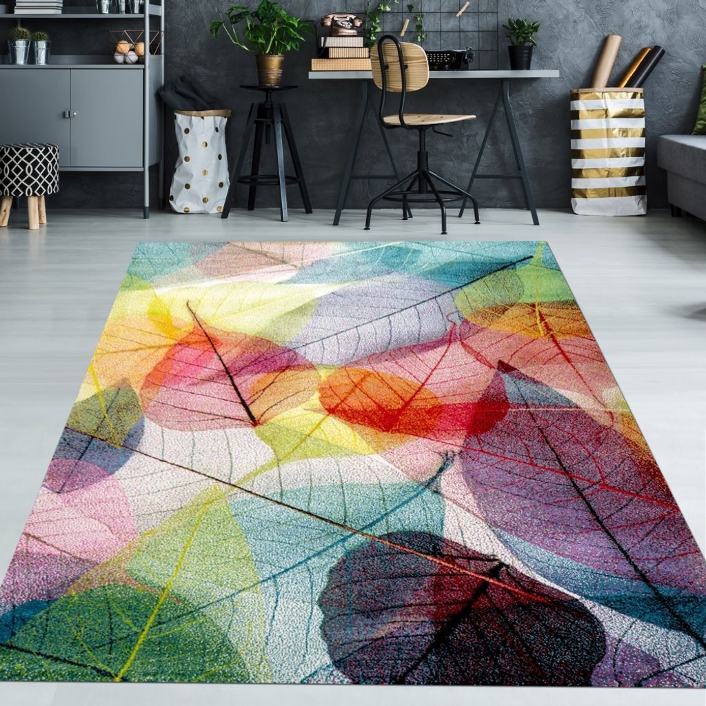 Wohnzimmerteppich Designerteppich Blätter Muster pflegeleicht bunt Größe - 140 x 200 cm