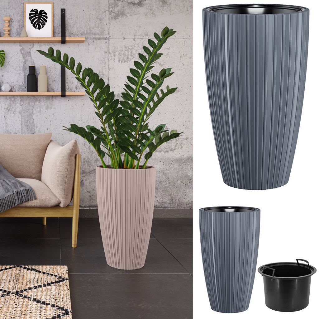Blumenübertopf "Line Slim" mit herausnehmbaren Einsatz 2in1, 3D-Textur, Oval | Höhe: 48cm | Farbe: Anthrazit