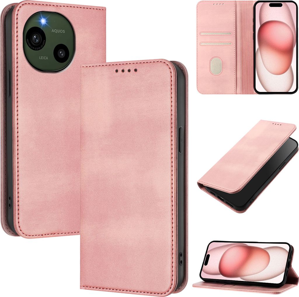 Handyhülle für Sharp Aquos R9 /SH-51E, Vintage Leder RFID Schutz Kartenfach Standfunktion Magnetische Klapphülle Pink