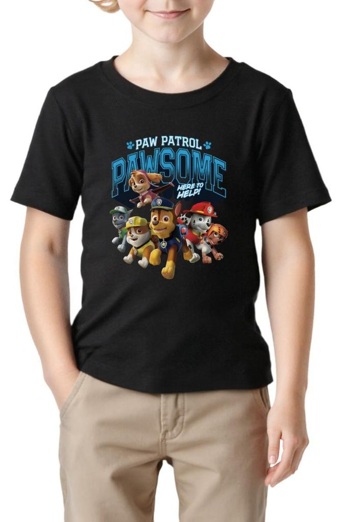Spreadshirt Paw Patrol Pawsome Here To Help Spruch Blau Kinder Basic T-Shirt, 98/104 (3-4 Jahre), Schwarz