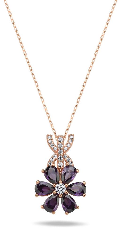 Lotus Kette Violett Zirkonia 925 Sterling Silber Roségold Vergoldet