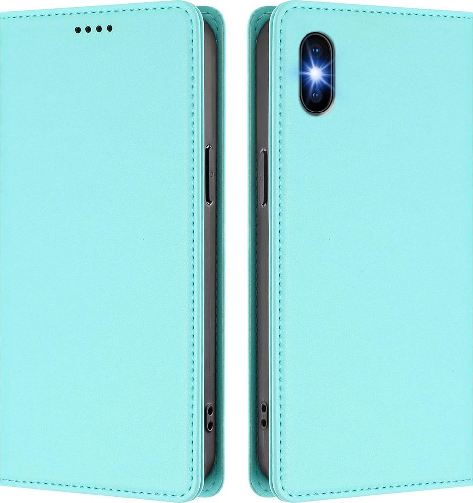 Handyhülle für iPhone X/iPhone XS, Kunstleder Klapphülle Stoßfeste Magnetische Hülle mit Ständer Türkis