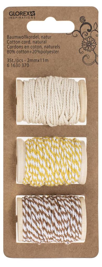 Baumwollkordel Set 3-teilig 2 mm x 11m, 80% Baumwolle/20% Polyester