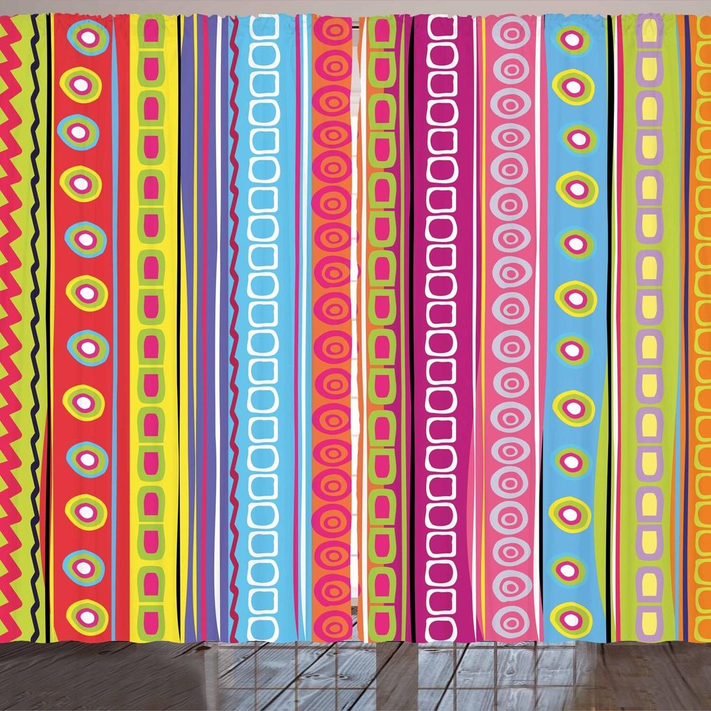 ARANDE Gestreift Gardine, Tribale Motiven Bunte Zusammensetzung Retro Ethno Kunst Vertikale Streifen Muster, 280 x 260 cm, Mehrfarbig