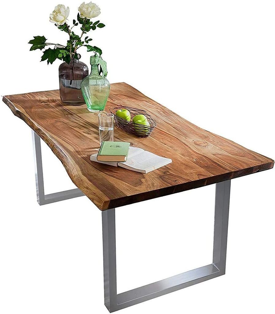 Baumkantentisch 240x100 cm Quarto, Akazienholz massiv + nussbaumfarben, Esstisch mit silbernem U-Gestell, Esszimmertisch/Holztisch Industrial-Desig...